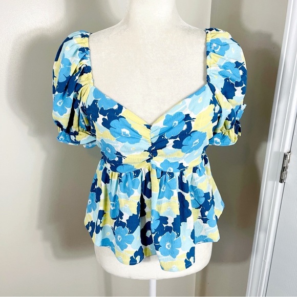 BAEVELY Blue Floral Short Puff Sleeve Peplum Ruched Sweetheart Crop Top - MEDIUM - Picture 1 of 12